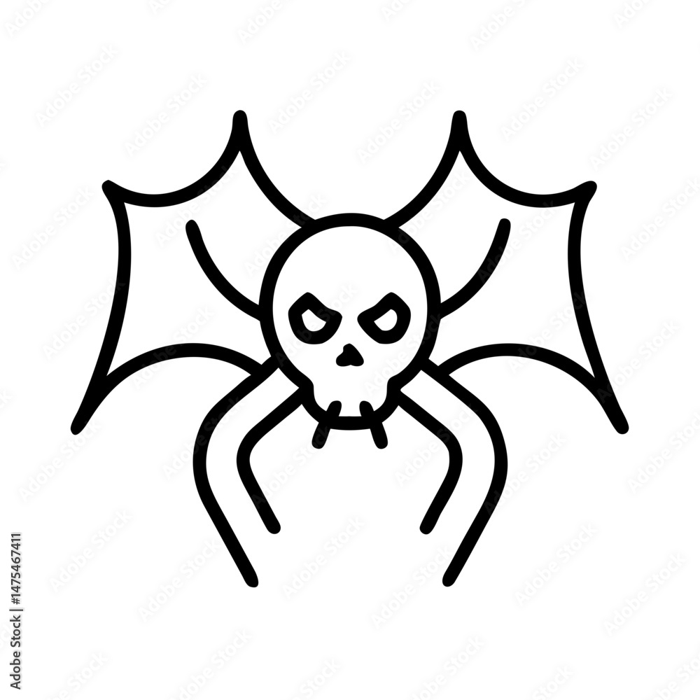 A black line art vector icon of a skull spider with bat wings is featured on a transparent background, perfect for Halloween themes or graphic design elements A black line art vector icon of a skull spider with bat wings is featured on a transparent background, perfect for Halloween themes or graphic design elements