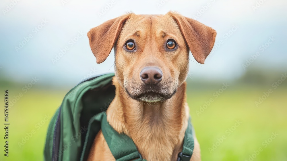 A brown dog with a green backpack sits outdoors, looking attentively at the camera with a blurred green field background. A brown dog with a green backpack sits outdoors, looking attentively at the camera with a blurred green field background.