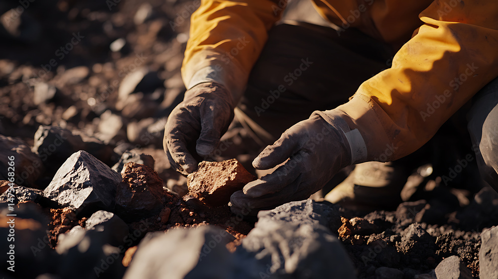 Miner Examining Rocks at a Mining Site Miner Examining Rocks at a Mining Site
