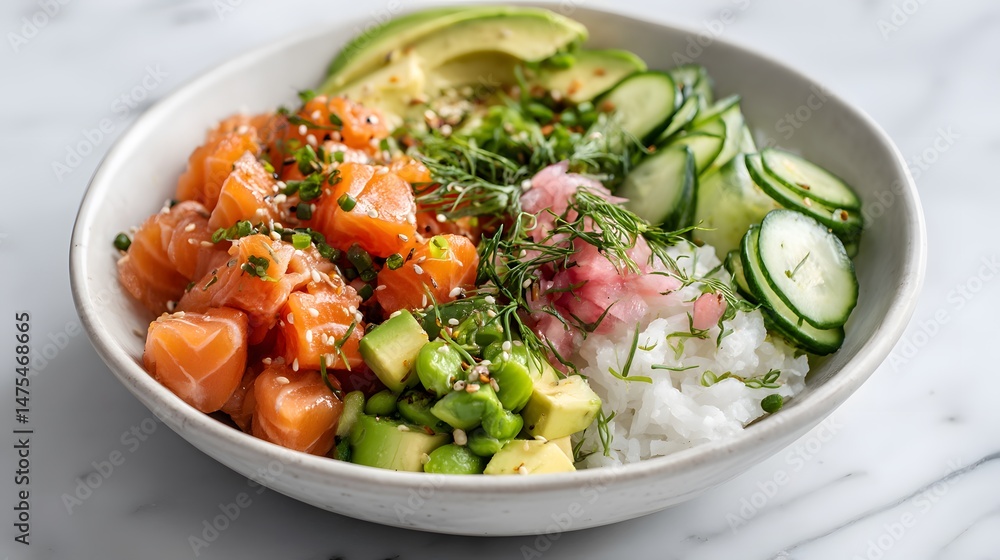 A vibrant and fresh poke bowl featuring salmon, avocado, and cucumber, a delicious and healthy meal. A vibrant and fresh poke bowl featuring salmon, avocado, and cucumber, a delicious and healthy meal.