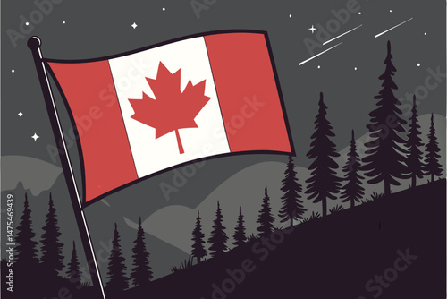 91 Canadian flag at night, forest silhouette, starry sky, sparks and embers, patriotic, moody atmosphere, dark landscape, national pride, illuminated flag, wilderness, photorealistic, cinematic lighti