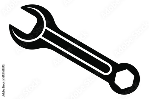 Black silhouette displays a single open ended and socket wrench tool diagonally across the frame