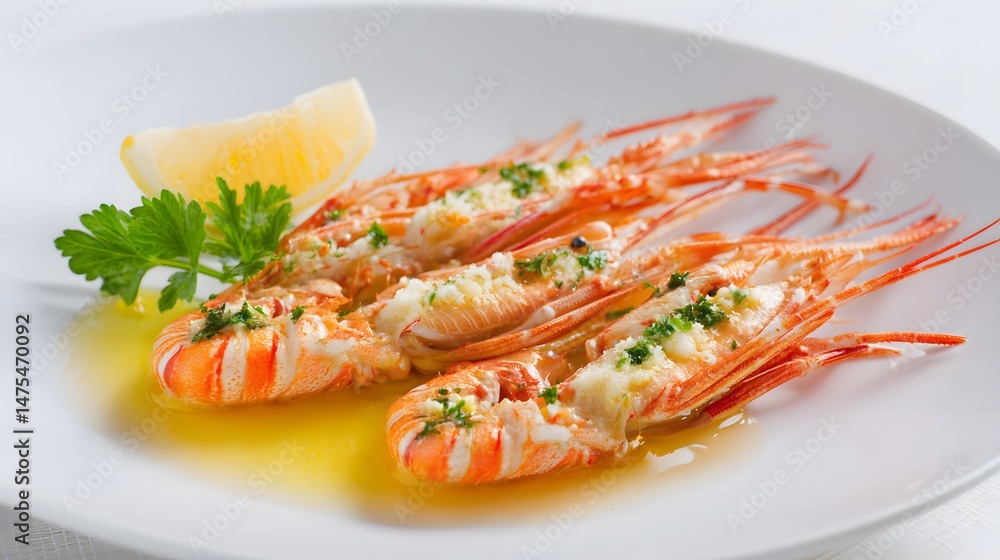 A beautifully arranged plate of cooked scampi, garnished with herbs and a lemon wedge. A beautifully arranged plate of cooked scampi, garnished with herbs and a lemon wedge.