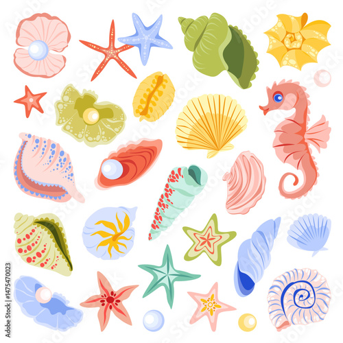 Elegant set of seashells, starfishes and pearls. Hand drawn scallop collection, underwater sea life with cockleshells, oyster, mollusks and seahorse. Summer beach treasures. Flat vector illustration.