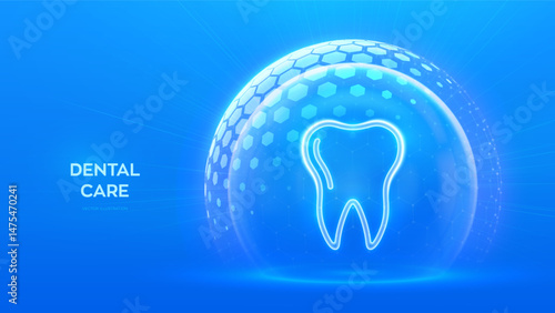 Dental protection. Dental care. Dentistry. Teeth care. Dental insurance and servises. Tooth icon inside protection sphere dome shield with hexagon pattern on blue background. Vector illustration.