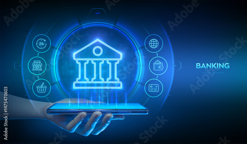 Banking service. Online banking app on a smartphone. Global internet connection for finance and banking. Financial transactions in online banking. Fintech API. Smartphone in hand. Vector illustration