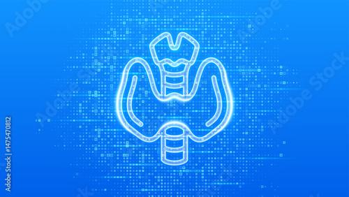 Thyroid gland icon. Thyroid health care. Awareness of Endocrine diseases hyperthyroidism, hypothyroidism. Endocrinology. Blue medical background made with cross shape symbol. Vector illustration.