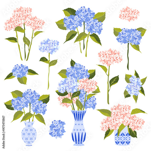 Collection of hydrangea flower bouquets in vases. Elegant hand drawn pink and blue floral branches with green leaves and blossoms. Mediterranean style ceramic vases. Flat isolated vector illustration.