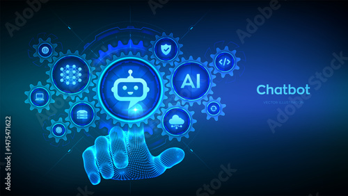Chatbot. Chatbot assistant. Smart assistant. AI. Artificial intelligence technology concept. Neural network. Hand touching digital interface with connected gears cogs and icons. Vector illustration.