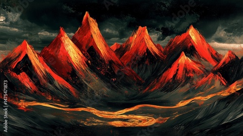 Fiery red-orange peaks rise above dark hills and a stormy sky in an intense, abstract scene.