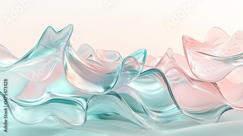 Transparent glass tinged with pink and turquoise overlaps in a dreamlike wave composition.
