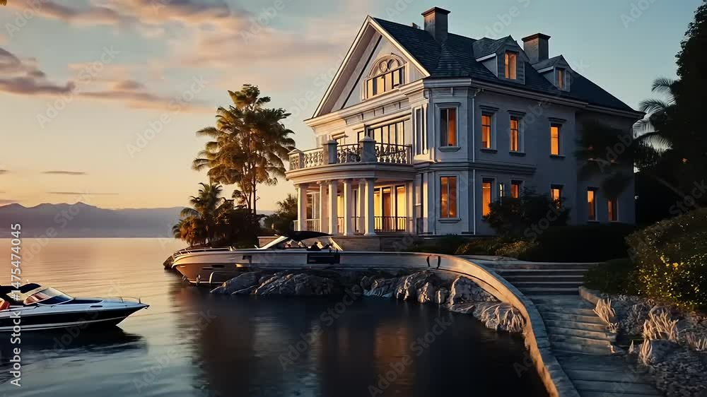 Luxurious lakeside mansion at sunset with serene water and mountains in the background Luxurious lakeside mansion at sunset with serene water and mountains in the background