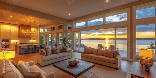 Spacious waterfront property layout with modern furnishings and ambient indoor lighting.