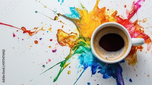 Vibrant coffee splash art with colorful paint splatters surrounding a steaming cup of coffee