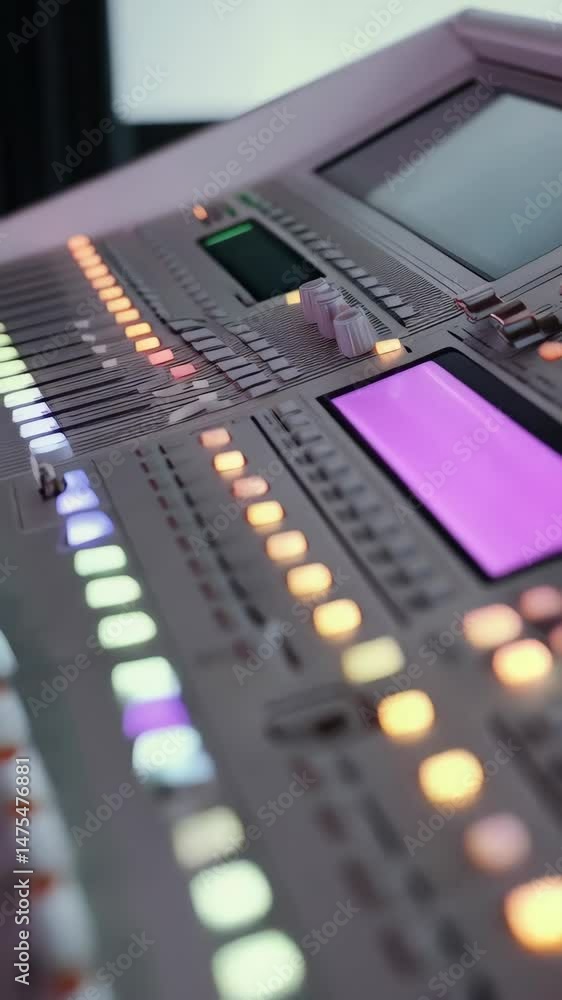 Audio mixing console with sliders, buttons, and glowing lights, professional sound equipment for radio broadcast and studio recordings, sound engineering Audio mixing console with sliders, buttons, and glowing lights, professional sound equipment for radio broadcast and studio recordings, sound engineering
