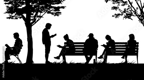 People reading on park bench set simple black silhouette vector isolated on white background  -  
