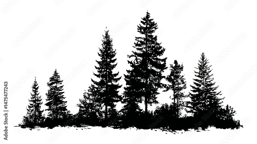 Fototapeta premium Pine tree forest simple black silhouette vector isolated on white background - 