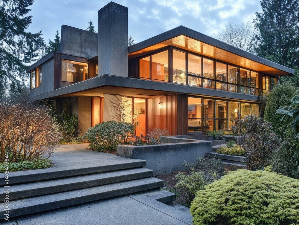 Fototapeta premium Modern architecture home exterior design with glass windows and trees