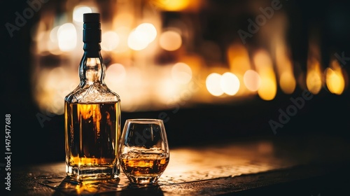 Premium Whisky Bottle and Glass on Bar Counter with Blurred Lights