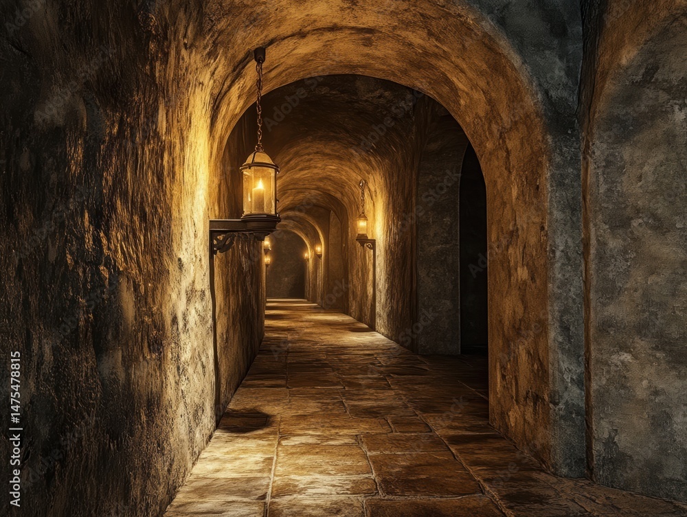 Fototapeta premium Old stone tunnel with lanterns arched passage dungeon architecture