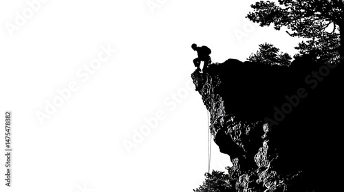 Rock climber on cliff edge silhouette vector isolated on white background  -  