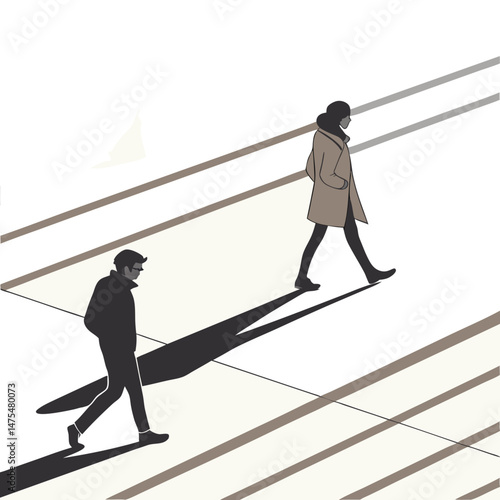 Silhouettes and Shadows of People Walking – Black and White Urban Vector
