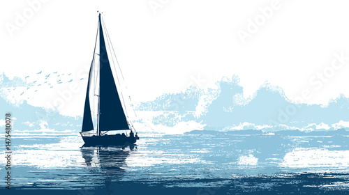 Sailboat on sea silhouette vector isolated on white background  -  