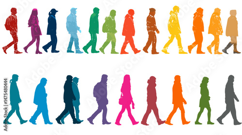 Silhouette people walking set all colour simple silhouette vector on white background  -  