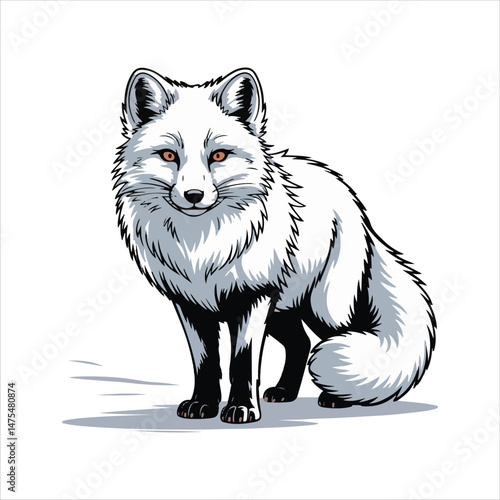 The image is a vector illustration of an arctic fox. It has a white coat, orange eyes, and black paws.
