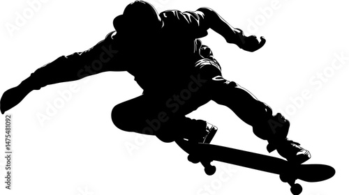 Skater doing trick silhouette vector isolated on white background  -  