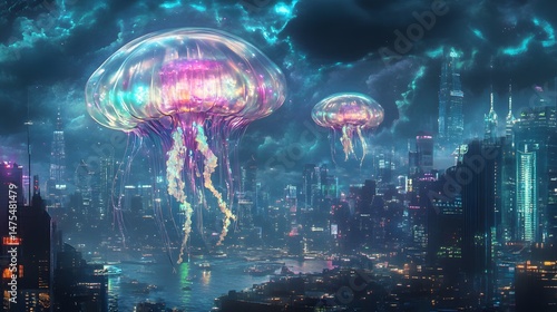 Wallpaper Mural Bioluminescent Cityscape: A mesmerizing cityscape bathed in vibrant neon lights, with two colossal bioluminescent jellyfish hovering overhead. Torontodigital.ca