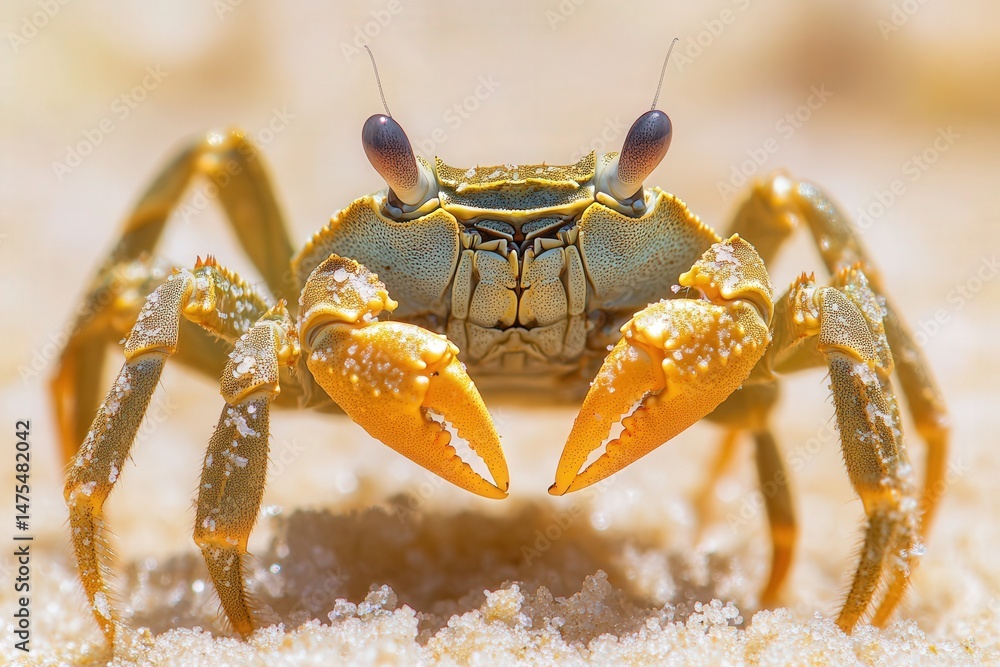 Close up of a crab on a bright sandy background Close up of a crab on a bright sandy background