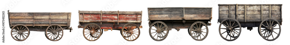 Fototapeta premium Wooden vintage wagons in a row showcasing rustic charm and design Isolated Transparent Background