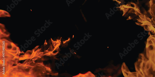 Abstract Fiery flames burning against a dark black background digital design illustration