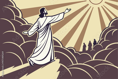 100 celestial figure in white robes, arms outstretched, radiant light, sunburst, dramatic clouds, silhouetted figures below, spiritual ascension, divine presence, ethereal atmosphere, golden light, he