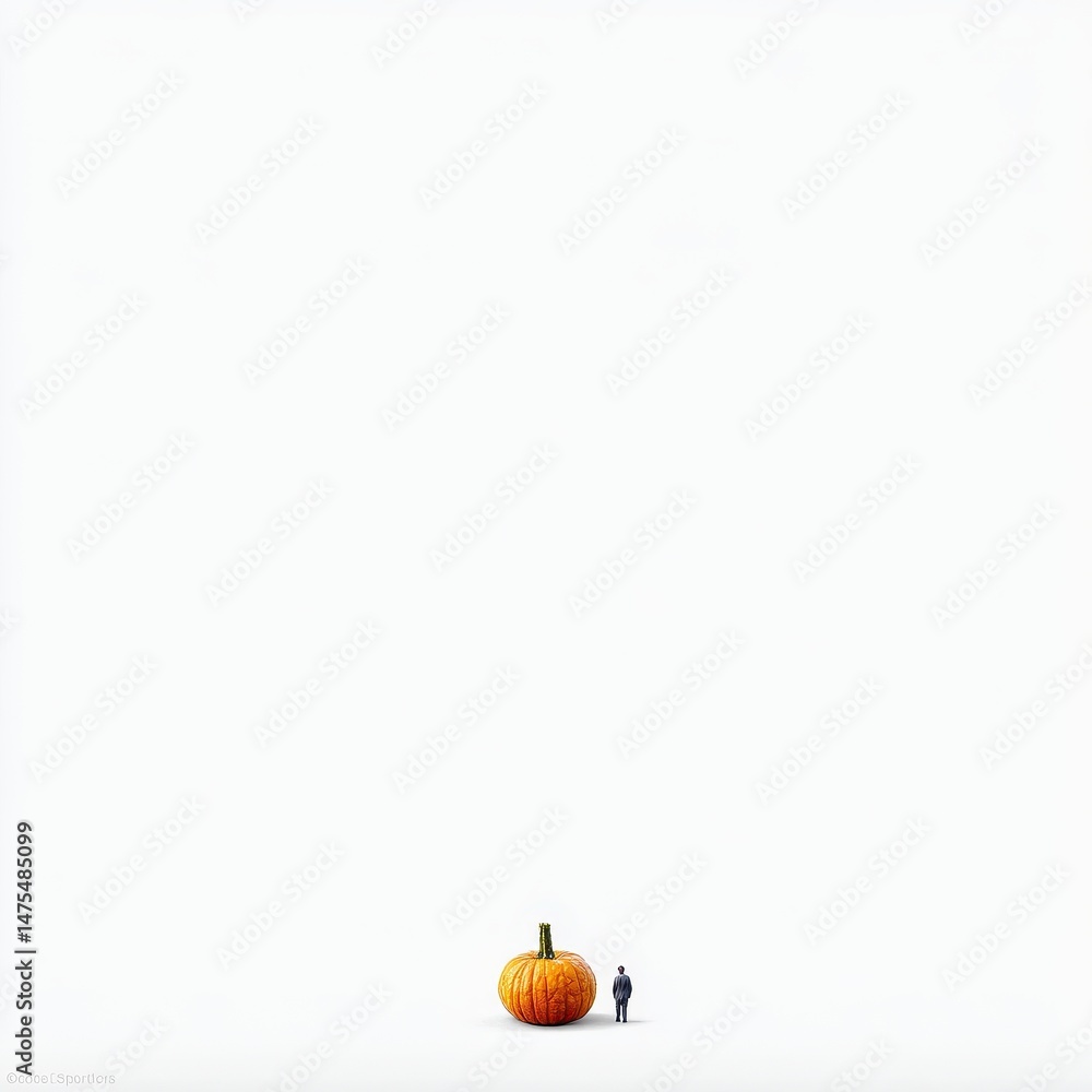 Obraz premium A single small figure facing a large pumpkin on a plain white background.