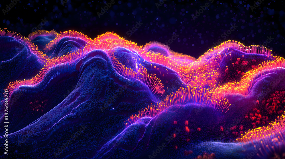 Obraz premium Vibrant Neon Landscape Abstract Purple Orange Glowing Microbial Forms
