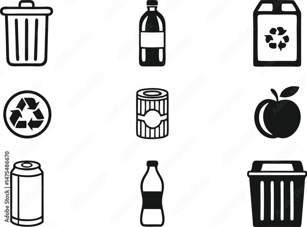 Fototapeta premium Recycling and Waste Management Silhouette Icons ? Eco-Friendly Solid Black Vector Set