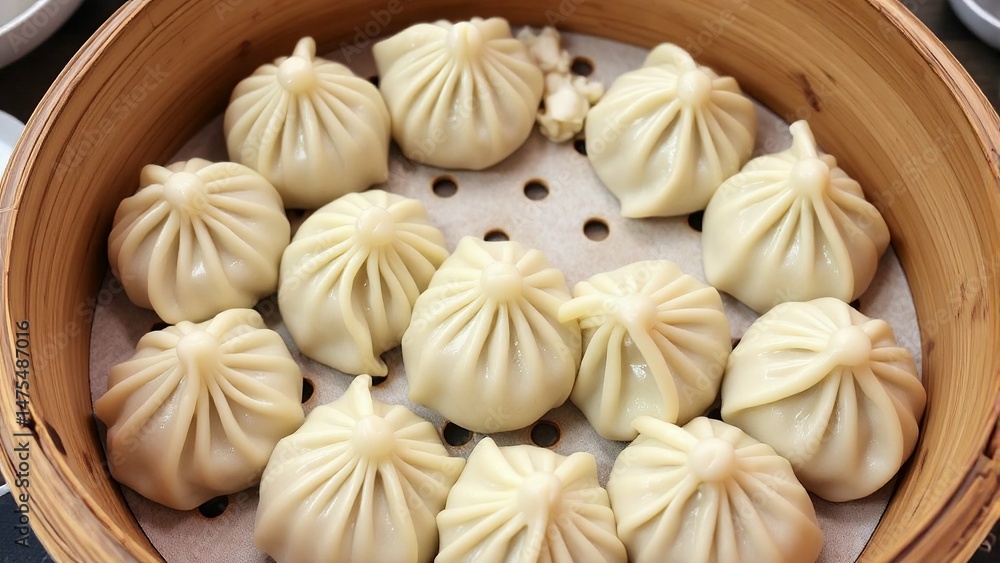 Fototapeta premium Fresh dumplings arranged in a circular bamboo steamer.