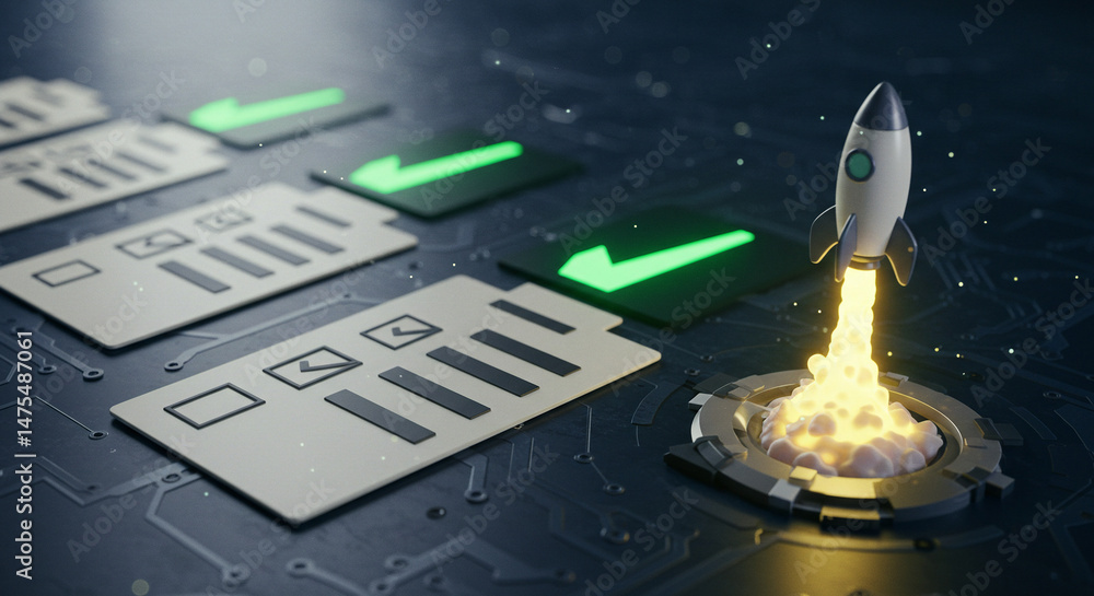 Project Launch: Rocket takes off after checklist completion. Achieving goals with proper planning and execution. Success concept. Project Launch: Rocket takes off after checklist completion. Achieving goals with proper planning and execution. Success concept.
