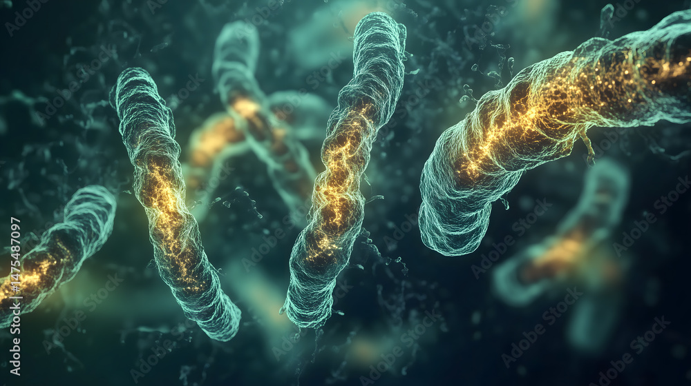 Obraz premium Microscopic Spiral Bacteria Glowing Cell Structures Detailed 3D Render of Microorganism