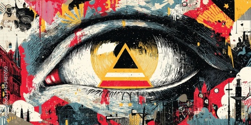 A vibrant eye gazing through a collage of urban scenes.