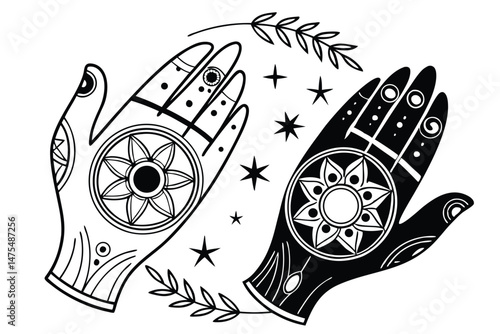 102 Black and white illustration, symbolic hands, cupped palms, spiritual imagery, sacred geometry, intricate patterns, mystical symbols, mandala designs, dotwork technique, silhouette art, esoteric i