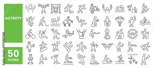 Set of 50 line icons related to activity, sports, play, vacation, leisure, hobby, recreation, Editable stroke. Vector illustration