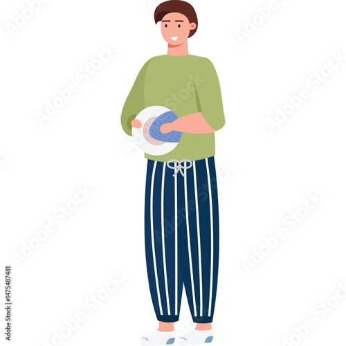 male householder wiping dishes vector icon isolated on white