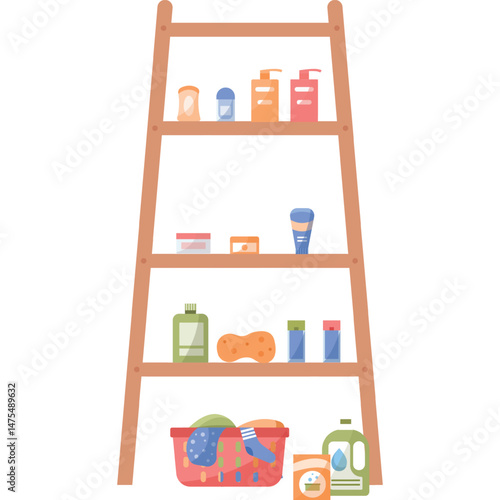 shelves in bathroom with hygiene items and laundry detergents vector icon isolated on white