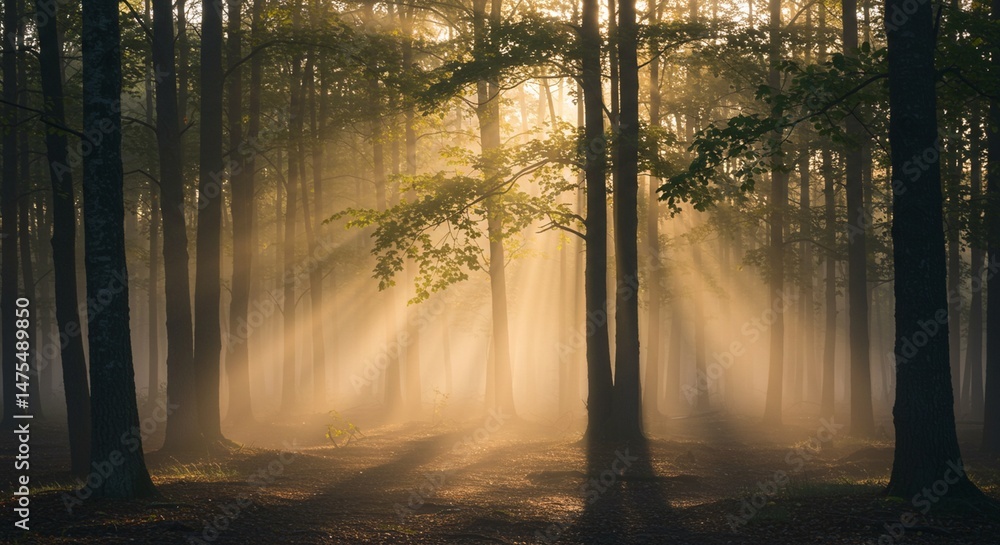 Obraz premium A serene forest at dawn with soft morning light filtering through the trees, mist rising from the ground
