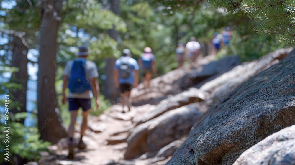 A group of friends hiking on a forest trail in nature A group of friends hiking on a forest trail in nature