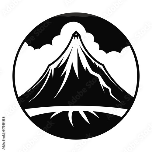 Striking mountain peak encircled by clouds forms a powerful, simple, black and white icon