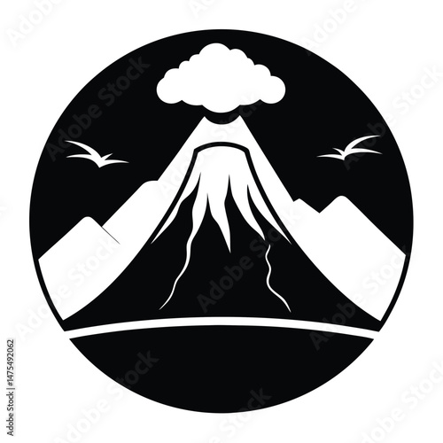 Volcano mountain landscape with birds shown inside a circle creates a tranquil scene